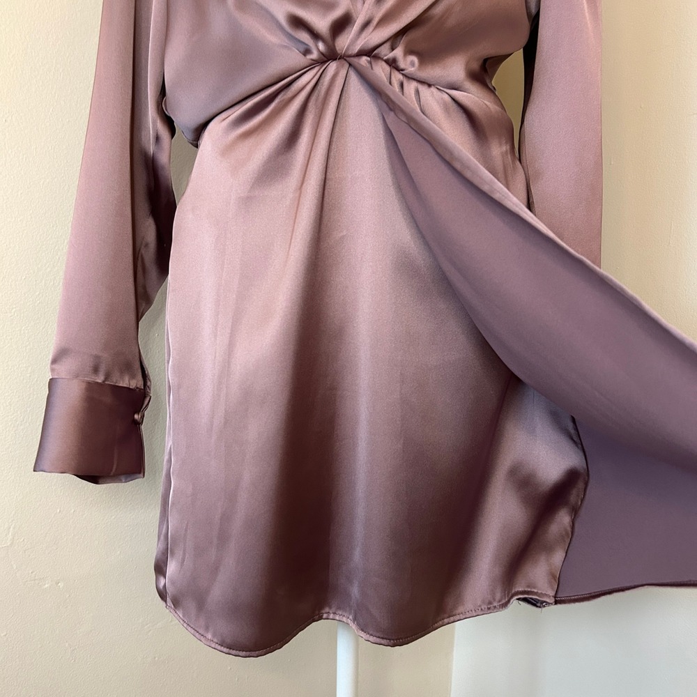 Zara Mauve Pink Satin Twisted Front Mini Shirt Cocktail Dress Small - Picture 2 of 14